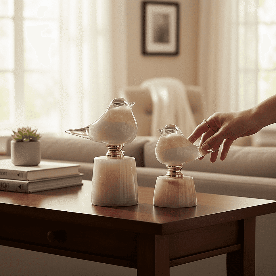 2'Lİ MERMER KAİDELİ CAM KUŞ DEKORATİF OBJE